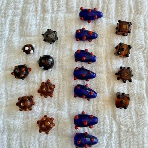Handmade Glass Accent Beads - Blue & Amber with Red Dots